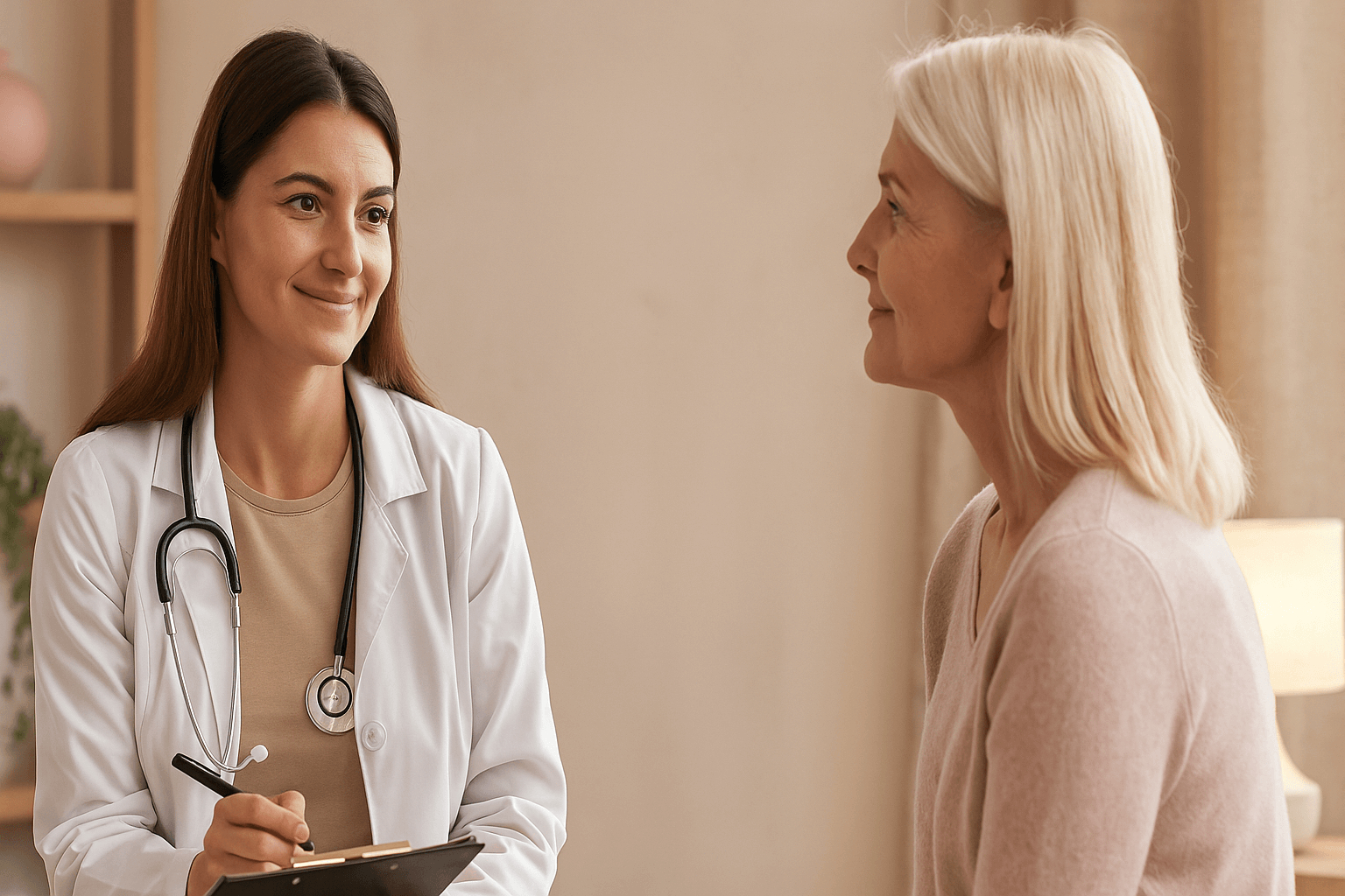 A clinician consulting calmly with a patient in a soft-lit treatment room.