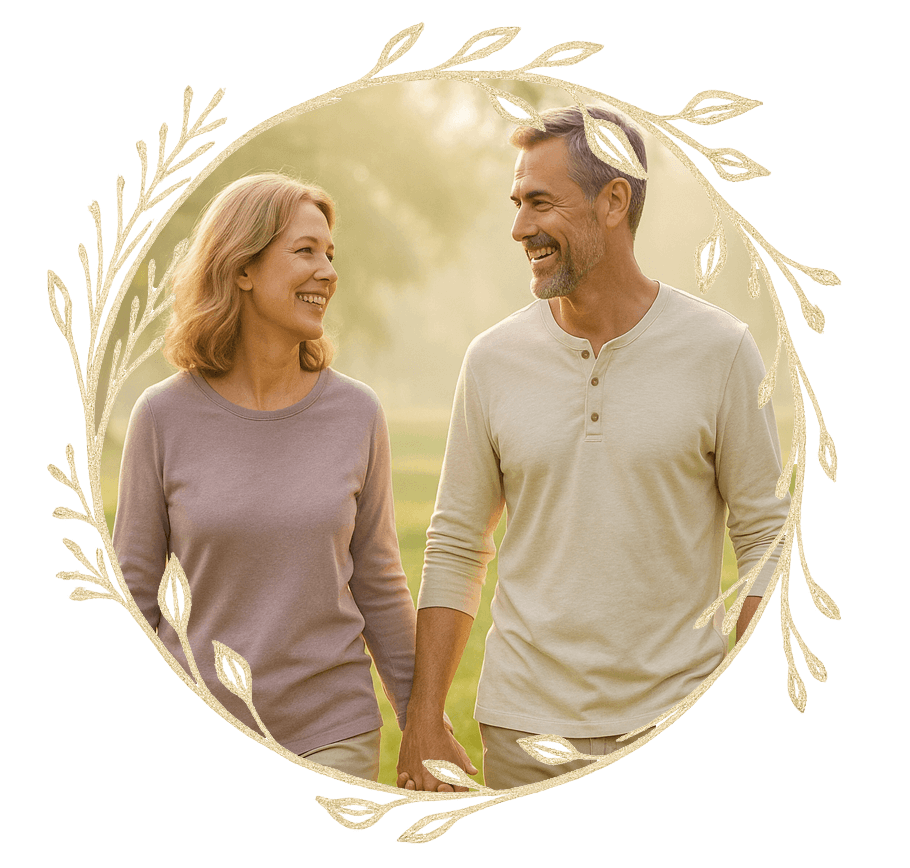 A couple walking in soft morning light, smiling (symbol of balance and restoration